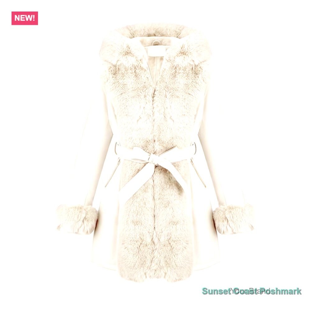 Faux Leather Jacket with Faux Fur Lined Hooded Long Collar Belted Overcoat
